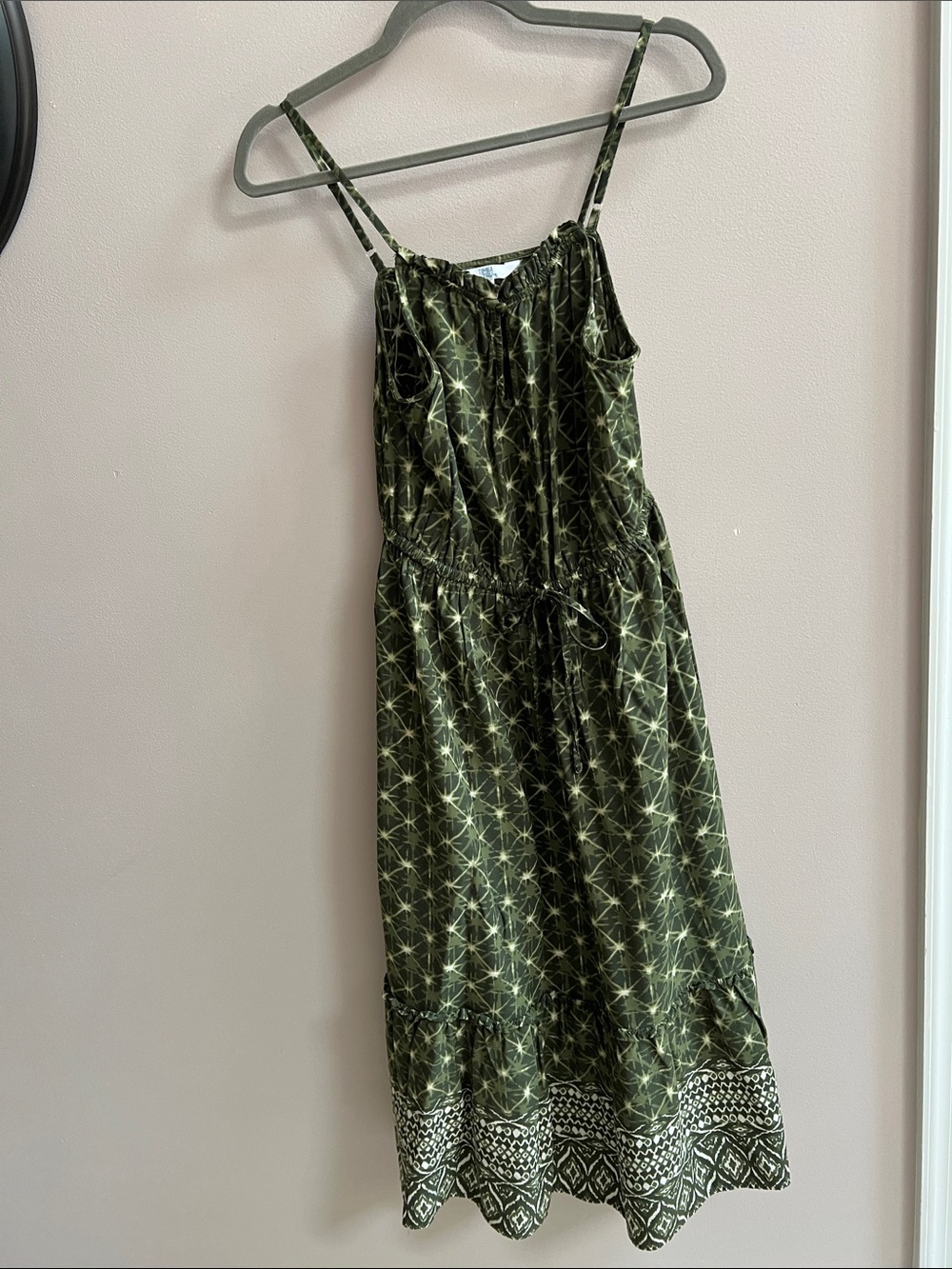 Time and Tru Olive Green Printed Spaghetti Strap Midi Dress